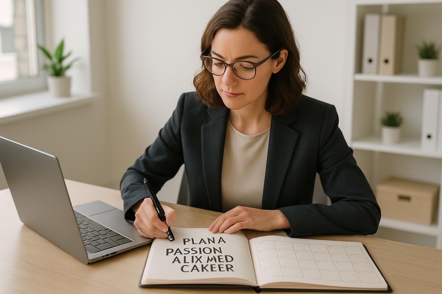 Professional planning a passion aligned career at a desk with laptop, notebook and calendar, natural light, clean office scene