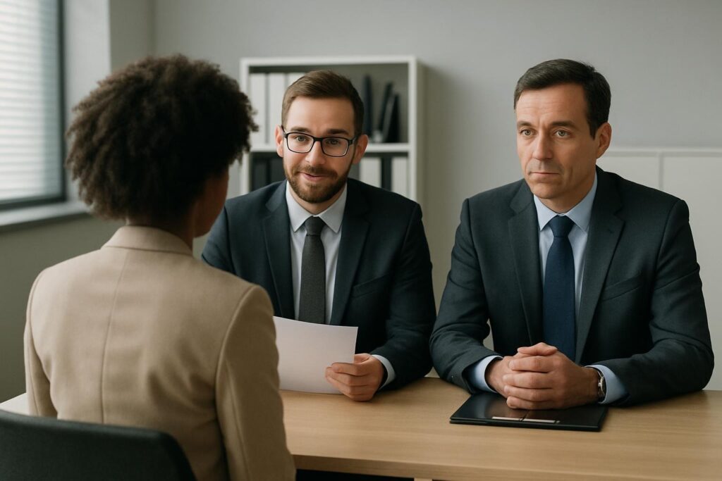 Confident job candidate asking smart questions during a job interview with interviewer at a modern office table