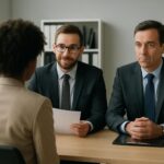 Confident job candidate asking smart questions during a job interview with interviewer at a modern office table