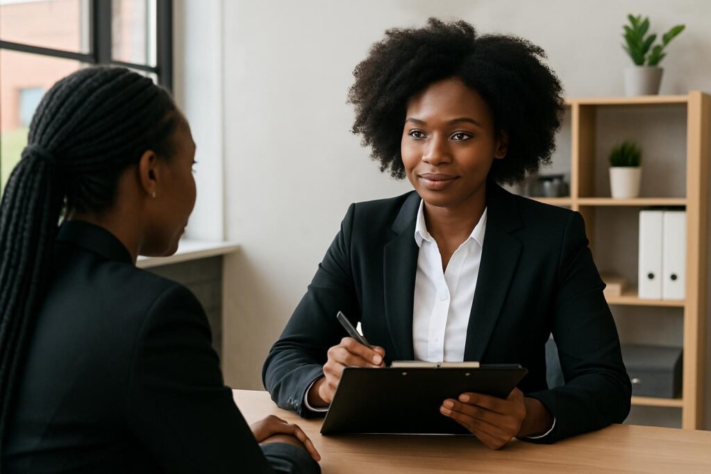 Job candidate confidently answering unique interview questions during a professional interview with hiring manager