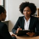 Job candidate confidently answering unique interview questions during a professional interview with hiring manager