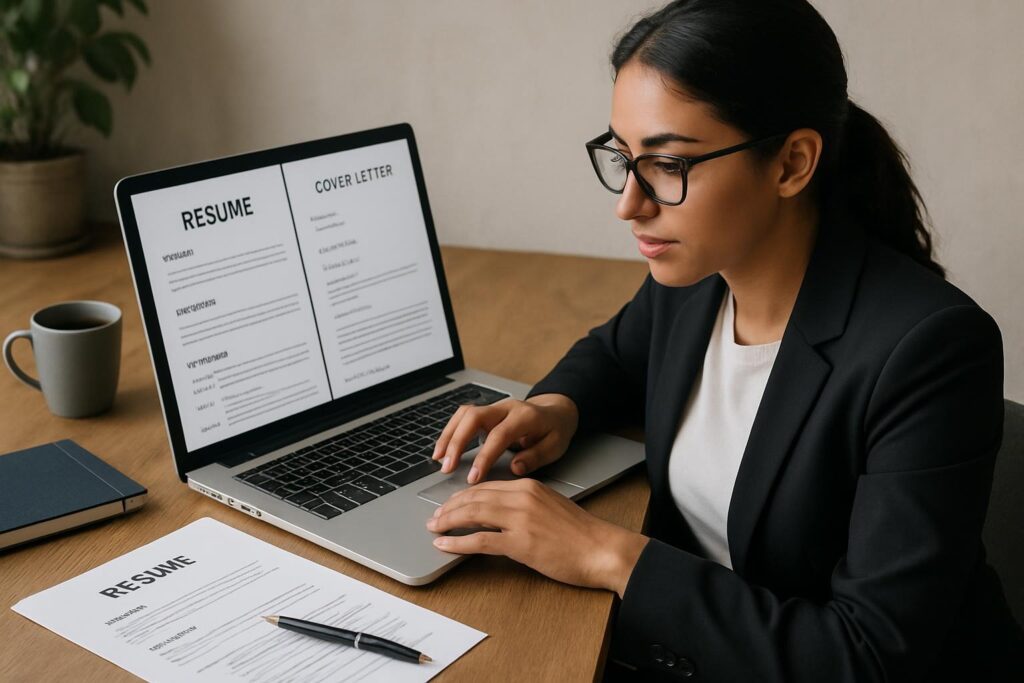 Professional job seeker preparing a stellar job application with tailored resume and cover letter on a laptop