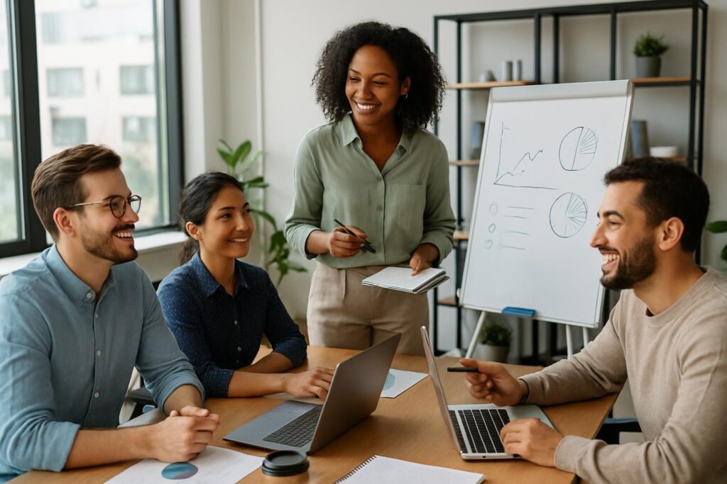 Diverse team collaborating in a modern office demonstrating best workplace practices