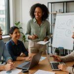 Diverse team collaborating in a modern office demonstrating best workplace practices