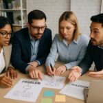 Professional team collaborating to solve workplace problems with strategies and teamwork