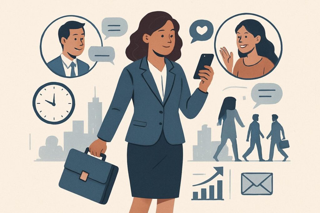 Professional balancing work and social life by connecting with colleagues and friends in a busy world
