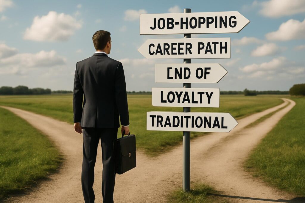 Professional worker standing at a crossroads with multiple career path signs, symbolizing job-hopping and the end of traditional job loyalty