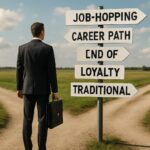 Professional worker standing at a crossroads with multiple career path signs, symbolizing job-hopping and the end of traditional job loyalty