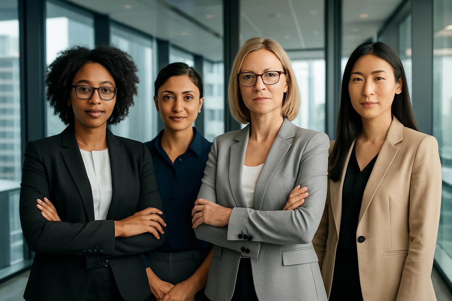 Diverse professional women in leadership roles within a modern global workplace, symbolizing gender inclusion and the future of work