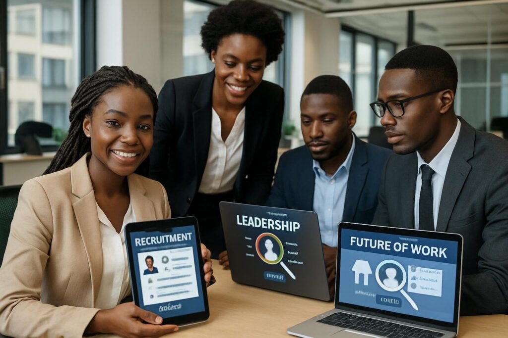 African young professionals in a modern office environment, diverse men and women collaborating with digital recruitment platforms on laptops and tablets, symbolizing leadership and the future of work in Africa.