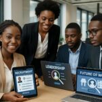 African young professionals in a modern office environment, diverse men and women collaborating with digital recruitment platforms on laptops and tablets, symbolizing leadership and the future of work in Africa.