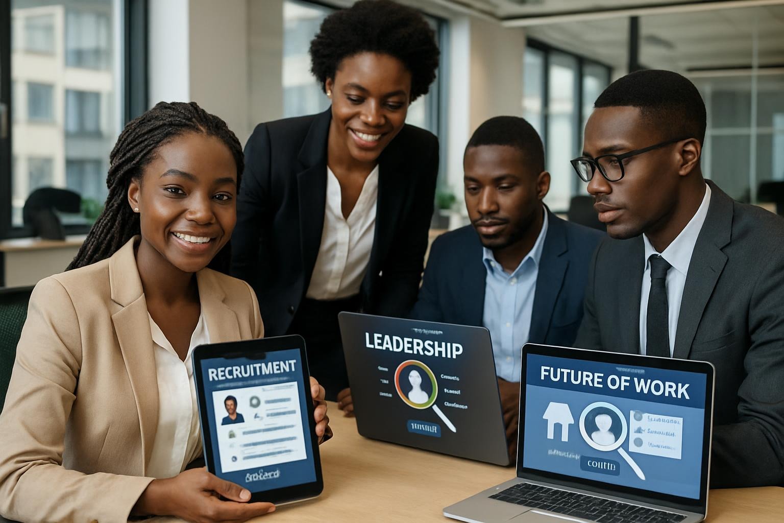 African young professionals in a modern office environment, diverse men and women collaborating with digital recruitment platforms on laptops and tablets, symbolizing leadership and the future of work in Africa.