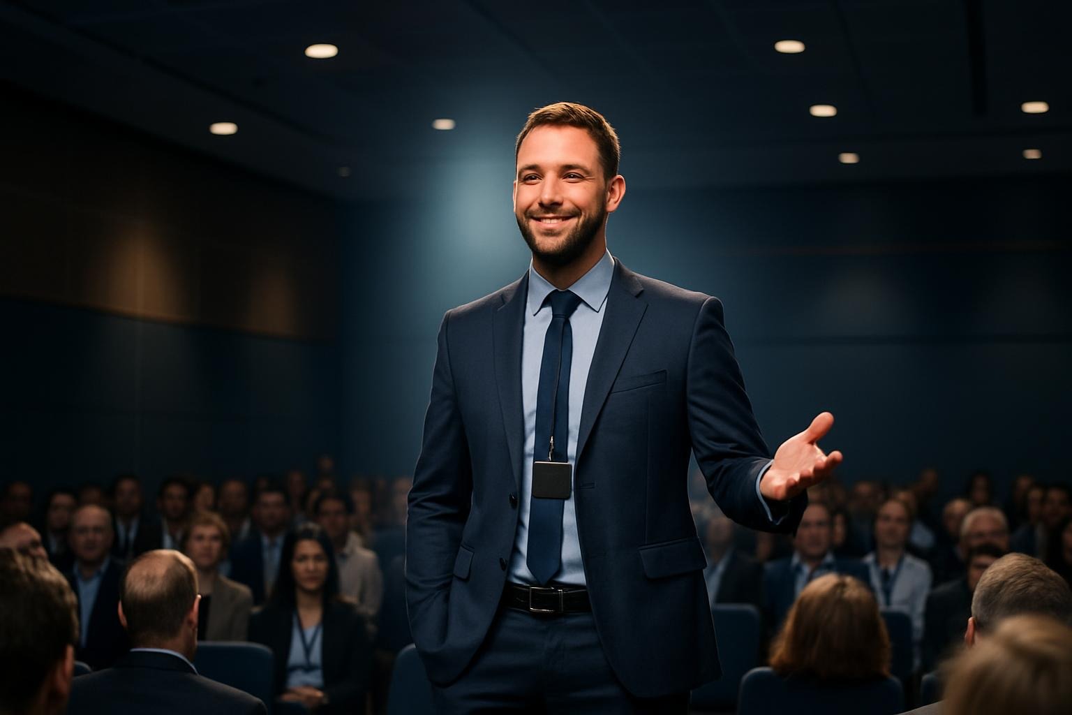 Professional speaker standing confidently on stage addressing an audience, calm body language, smiling, spotlight effect, modern conference hall