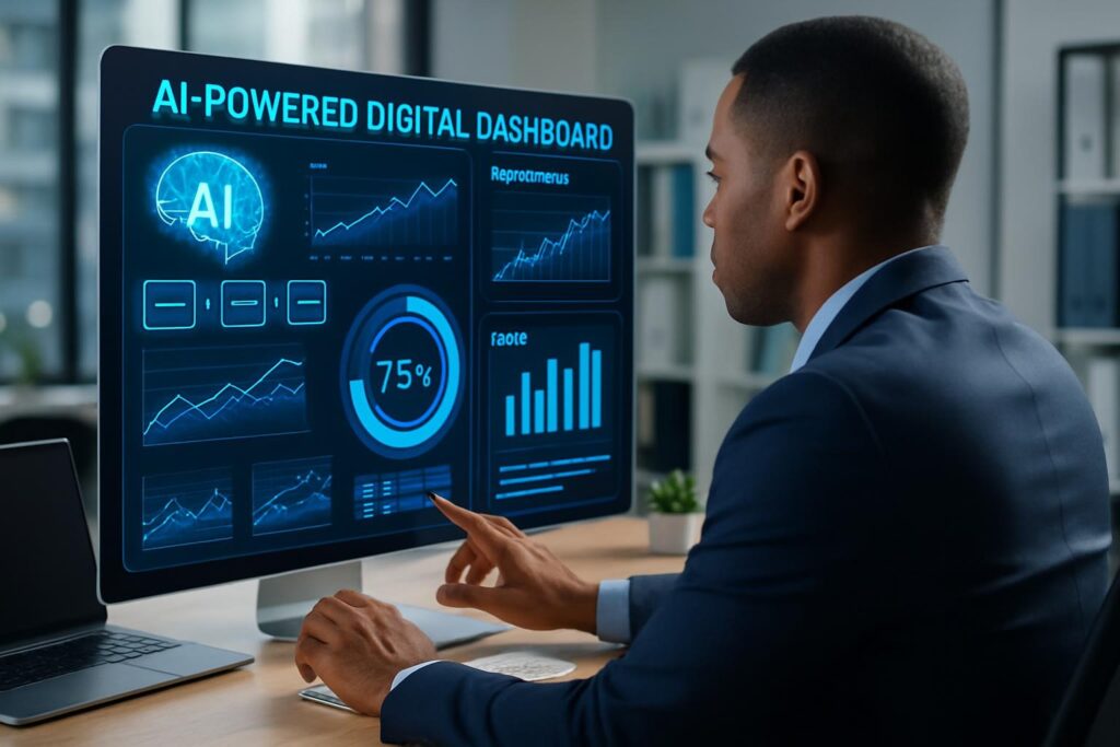 Professional worker using AI-powered digital dashboard with futuristic interface, productivity tools, modern office