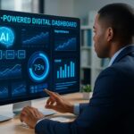 Professional worker using AI-powered digital dashboard with futuristic interface, productivity tools, modern office