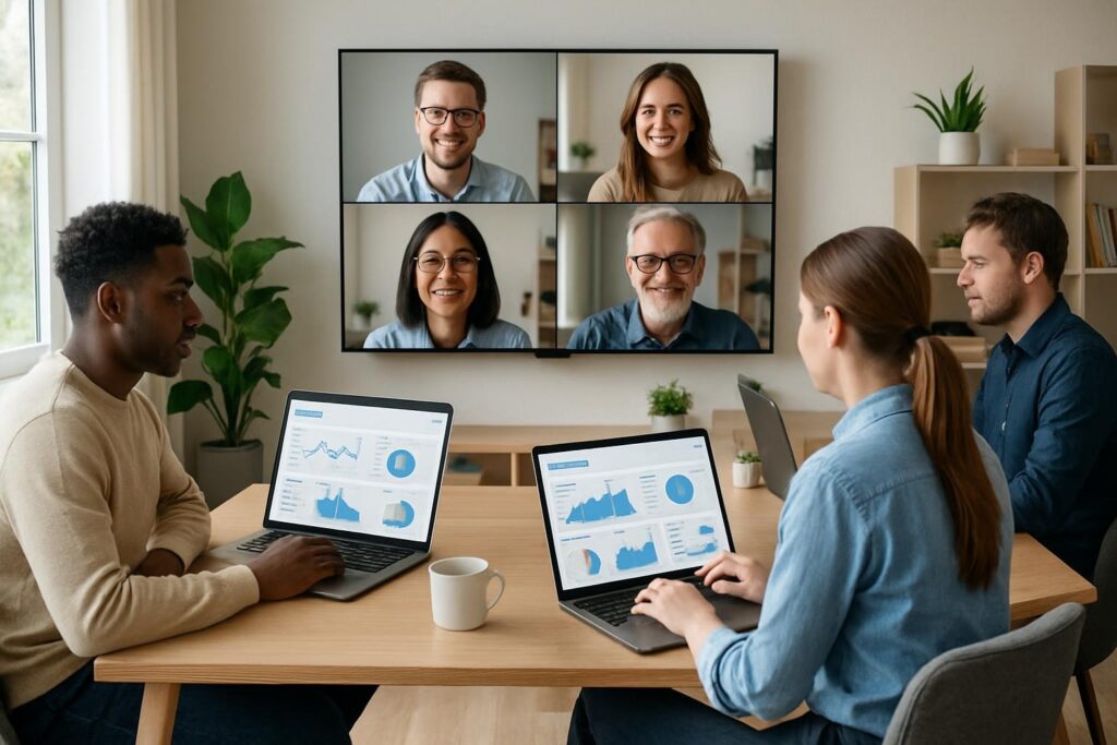 Remote team collaborating across laptops and video screens, clean UI dashboards, modern home offices, productive atmosphere, natural light, 2025 style