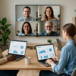 Remote team collaborating across laptops and video screens, clean UI dashboards, modern home offices, productive atmosphere, natural light, 2025 style