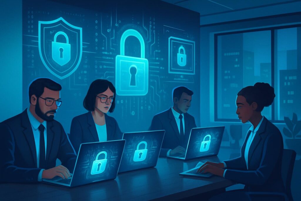 An office team practicing workplace cybersecurity with laptops secured by digital locks, modern workspace, data protection visuals, futuristic style