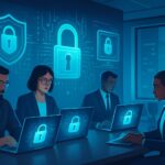 An office team practicing workplace cybersecurity with laptops secured by digital locks, modern workspace, data protection visuals, futuristic style