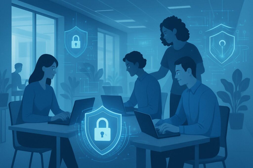 Workplace automation illustration showing employees in a modern office securing data on laptops, digital shield icons, futuristic tech visuals, and a safe work environmen