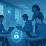 Workplace automation illustration showing employees in a modern office securing data on laptops, digital shield icons, futuristic tech visuals, and a safe work environmen